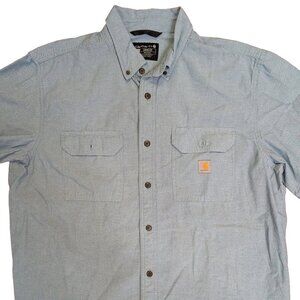 Carhartt Button Up Shirt Mens XL Blue Chambray Short Sleeve Logo Loose Fit